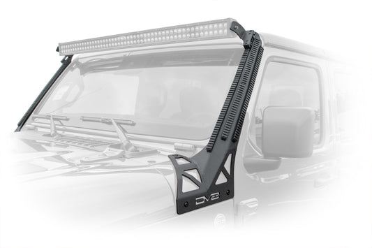 DV8 Offroad 2018+ JL/Gladiator Picatinny rail A-pillar pod LED light mount mounted on Jeep vehicle side.