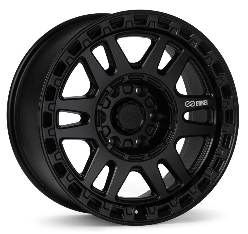 Enkei Trail-Tracker 18x9 matte black cast wheel with 6x135 bolt pattern, ET12 offset, 87.1mm bore, rugged off-road design