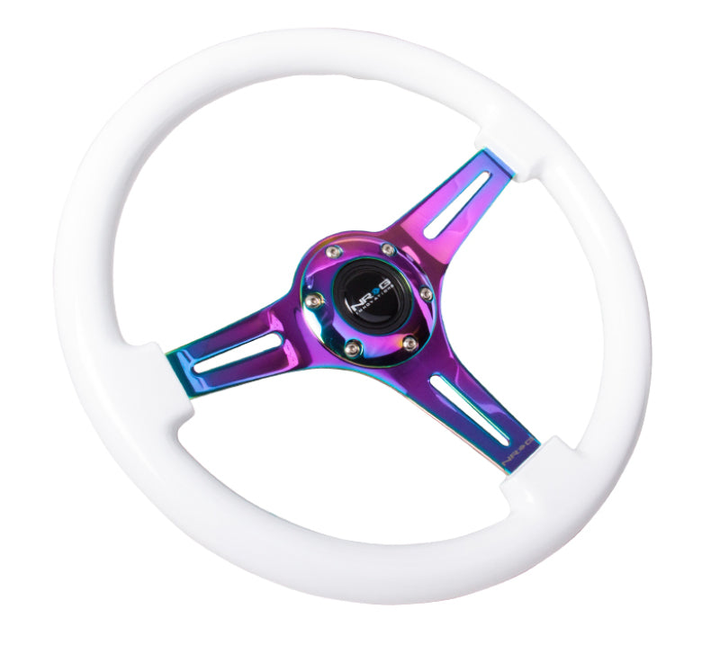 NRG Classic wood grain steering wheel with white paint grip and Neochrome 3-spoke center for car interior enhancement.