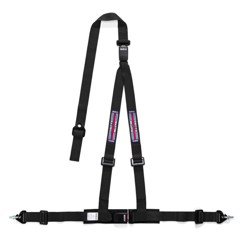 Black Sparco 3-point Martini-Racing seat belt with harness for racing vehicles, featuring durable straps and secure buckle.