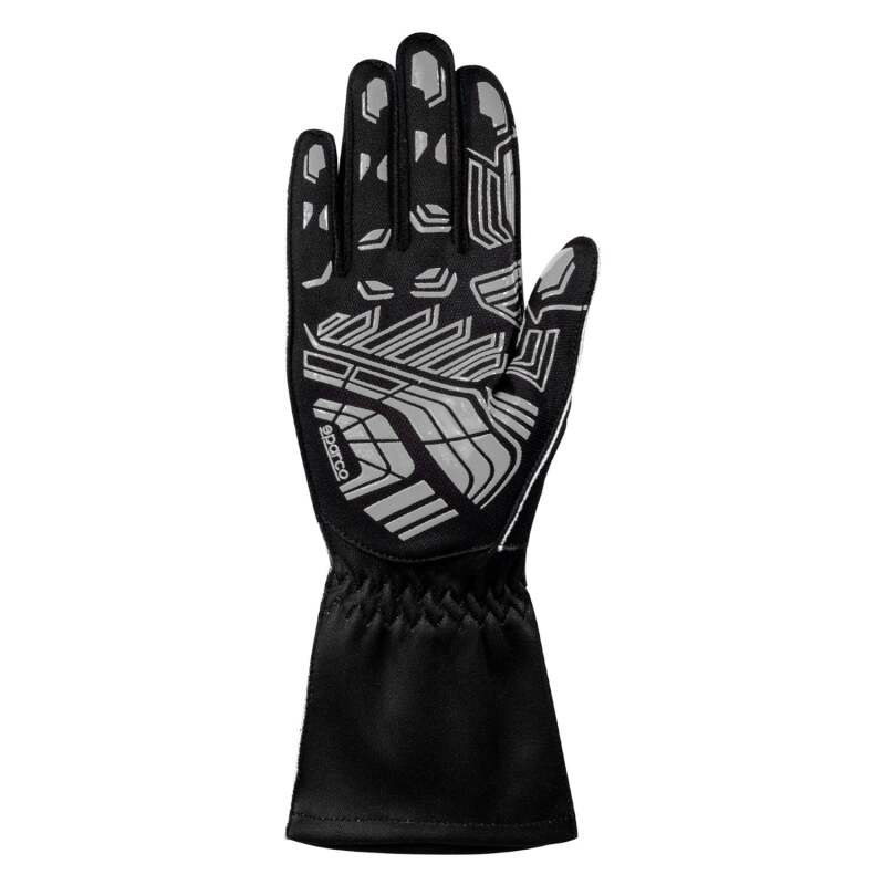 Black and gray Sparco K-Attack racing gloves with reinforced palms and adjustable wrist straps, size 9, designed for motorsport safety.