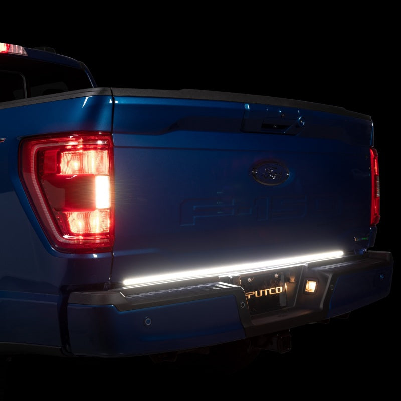 Putco 2024+ Ford F150 tailgate light bar with factory LED tail lights, 60-inch Blade tailgate bar, plug-and-play installation.