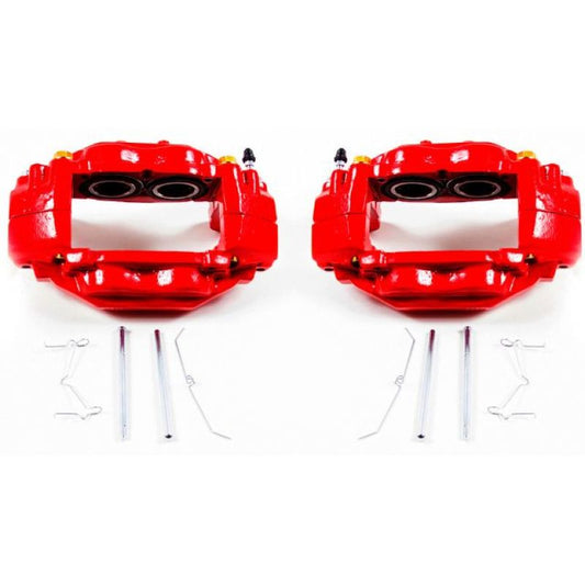 Pair of PowerStop front red performance brake calipers for 2008-2015 Toyota Sequoia without brackets, showing detailed close-up.