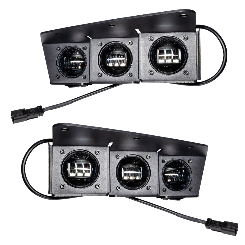 ORACLE Lighting Ford Bronco triple LED fog light kit installed on steel bumper, white LED fog lights for 2021-2022 model.