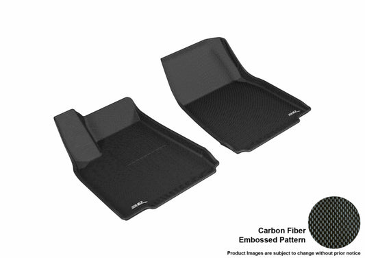 Black 3D MAXpider Tesla Model X 1st row rubber floor mat with textured surface and custom fit for 2016-2020.