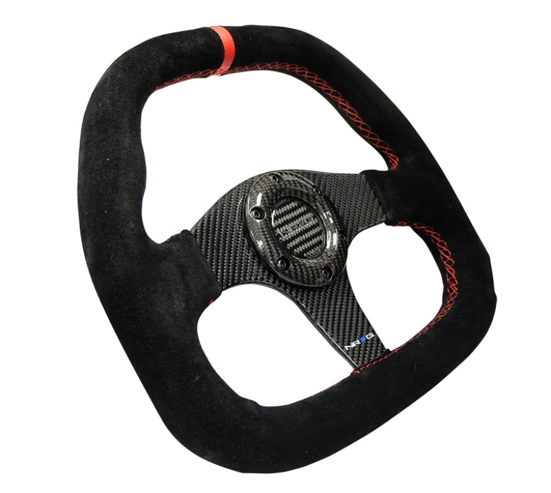 NRG Carbon Fiber Steering Wheel, 320mm, flat bottom, black suede with red stitching, carbon fiber spokes, red center mark.
