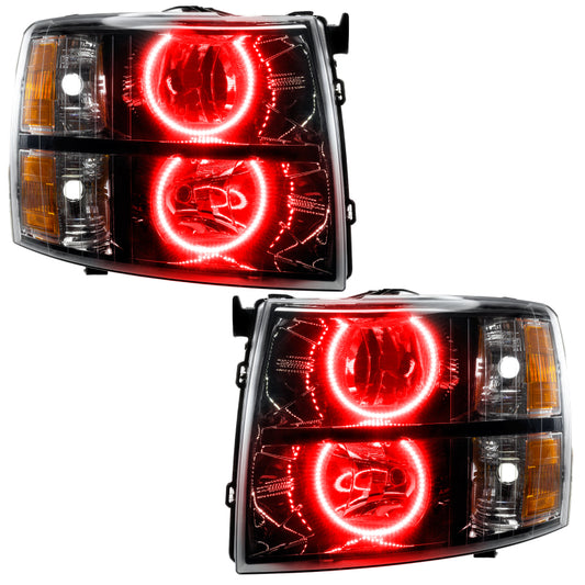 Oracle Lighting Chevrolet Silverado round halo headlights with red accents, assembled headlight units for 2007-2013 Silverado trucks.