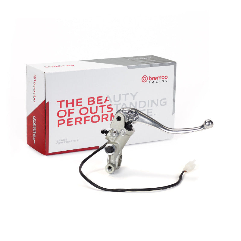 Brembo Powersports brake master cylinder with metal reservoir and mounting bracket for motorcycle braking system.