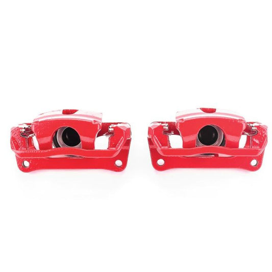 Pair of PowerStop rear red brake calipers with brackets for Ford F-150 models from 2012 to 2017, performance replacement brake components.