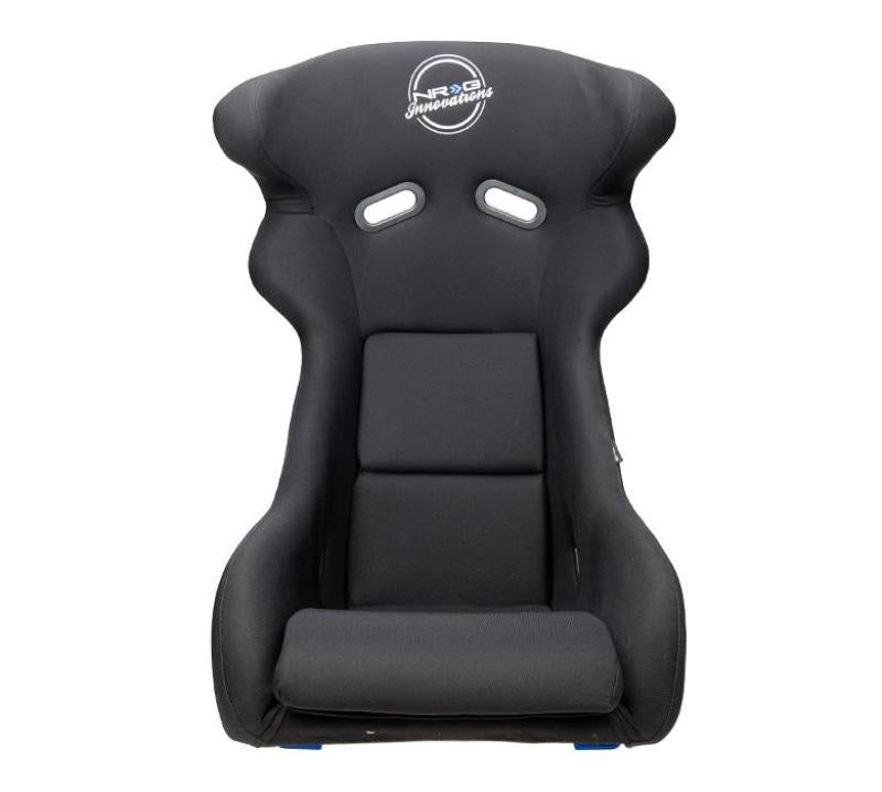 NRG FRP bucket race seat in white with arrow embroidery and blue side mount bracket, designed for high-performance automotive seating.