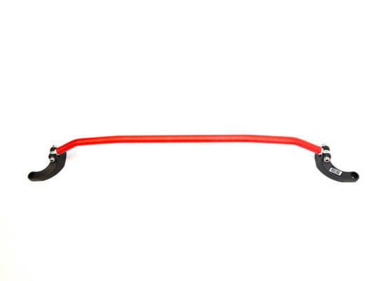 Red GrimmSpeed strut bar installed in a 2008-2014 Subaru WRX/STI, enhancing vehicle stability and handling.