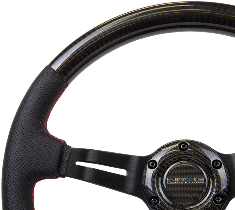 NRG carbon fiber steering wheel with leather trim, red stitching, slit cutout spokes, 350mm diameter, 1.5-inch deep design