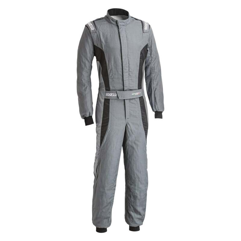 Sparco Victory PRO 52 gray and black racing suit designed for motorsport drivers, featuring a sleek, aerodynamic fit.
