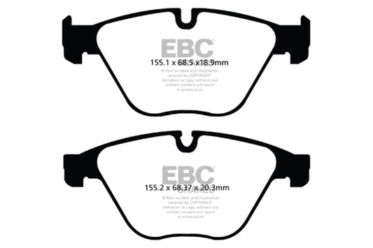 EBC Greenstuff front brake pads for BMW 535i 3.0 Turbo F10, high-performance brake pads with green friction material.