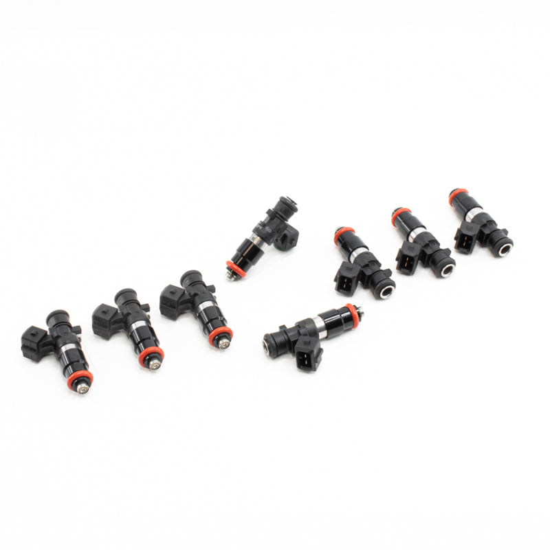 DeatschWerks Bosch EV14 1200cc fuel injectors set for Ford F-Series and SVT Cobra 6-cylinder engines, showing eight injectors.