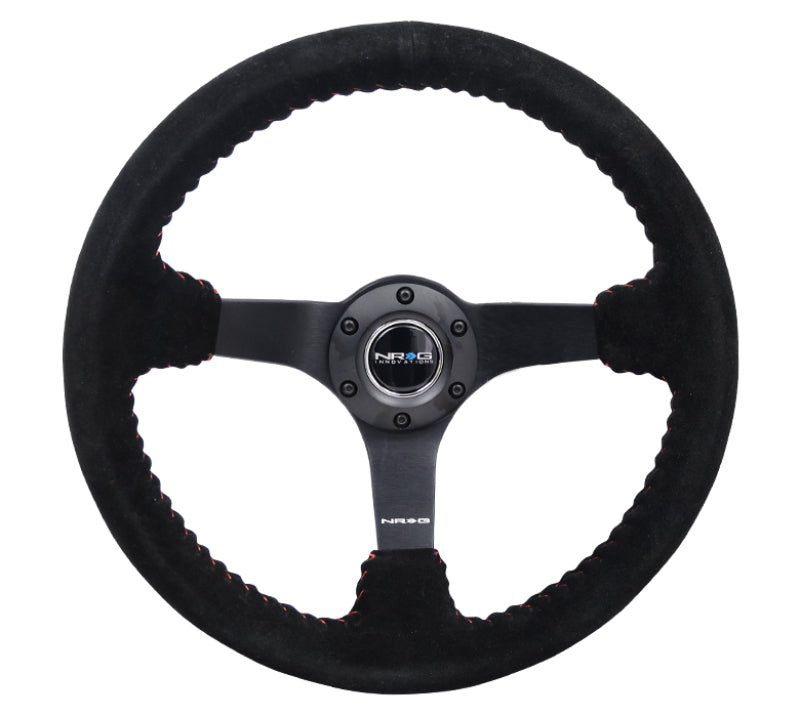 NRG reinforced 350mm black suede steering wheel with red basketball stitching and 5mm matte black spokes.