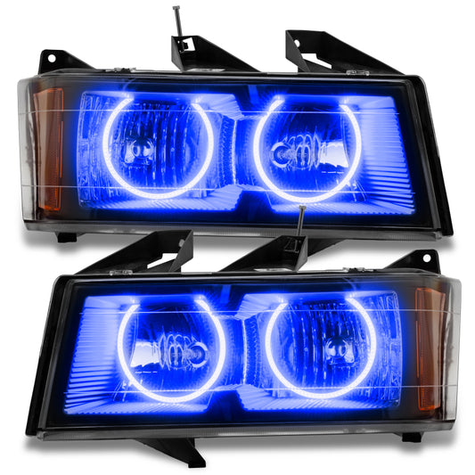 Oracle Lighting blue LED halo headlights for Chevrolet Colorado 2004-2012, pre-assembled, with dual halo rings and clear lens.