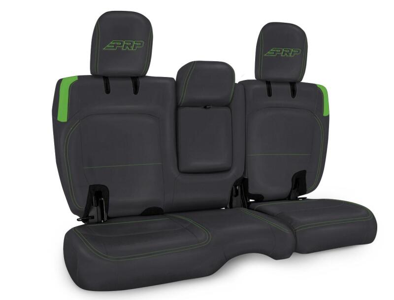 PRP Seats black and green rear bench seat covers for Jeep Wrangler JL 4-door with armrest, made of durable seat cover material.