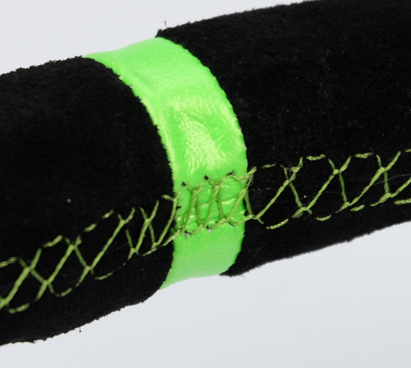 NRG reinforced 350mm deep black suede steering wheel with neon green stitching and black spoke, ideal for car interior upgrades.