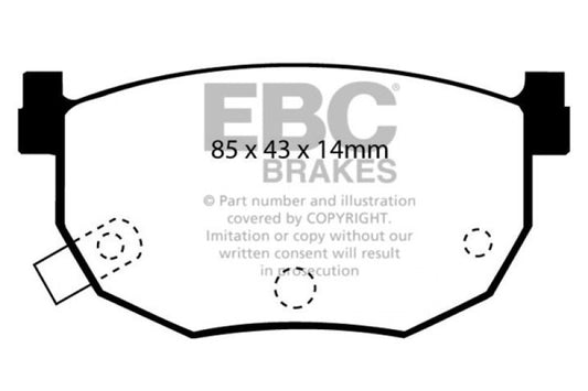 EBC Redstuff rear brake pads for Hyundai Elantra 2.0, high-performance brake pads with red friction material for improved stopping power.