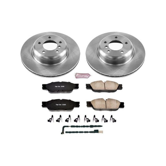 PowerStop OE front brake kit installed on a 2009-2010 BMW Z4, featuring brake rotors and pads for enhanced stopping power.