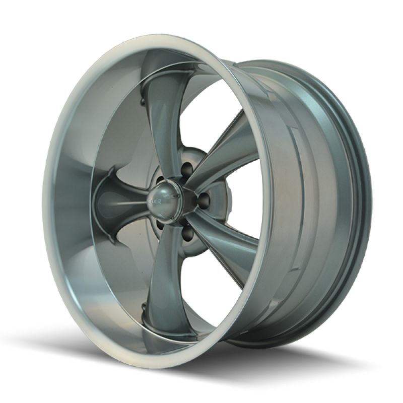 Ridler 695 cast wheel with 18x9.5 inch gloss grey machined finish, 5x120.65 bolt pattern, 6mm offset, 83.82mm hub.