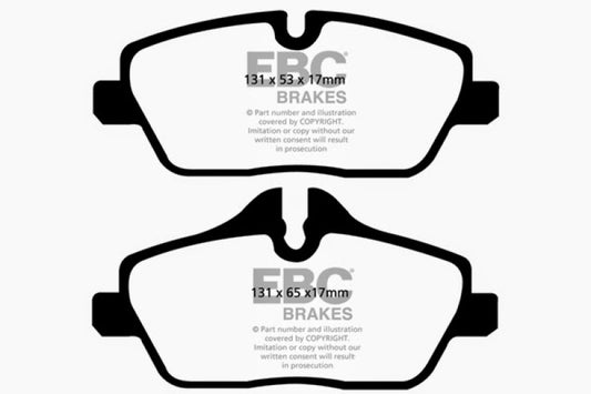 EBC 14+ Mini Hardtop performance front brake pads with red friction material for 1.5 Turbo Cooper models.