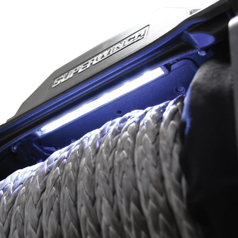 Superwinch SX 12000SR 12V DC winch with 80ft synthetic rope and graphite finish, designed for heavy-duty vehicle recovery.