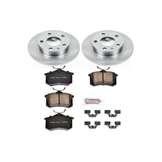 PowerStop rear OE brake kit for Audi A4 2002-2006, including brake rotors and pads, installed on the vehicle's rear axle.