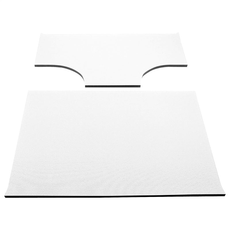 White DEI 03-06 Jeep Wrangler TJ 2-Door hard top with speaker pods, Boom Mat headliner, 2-piece accessory installed in vehicle.