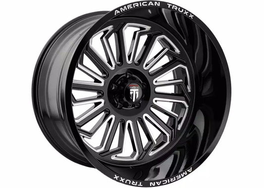 American Truxx AT1916 Butcher 20x12 gloss black milled cast wheel with 6x139.7 bolt pattern and -25mm offset.