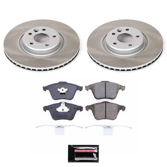 PowerStop front semi-coated rotor kit for Volvo V50, performance brake kit with blank rotors and braking components.