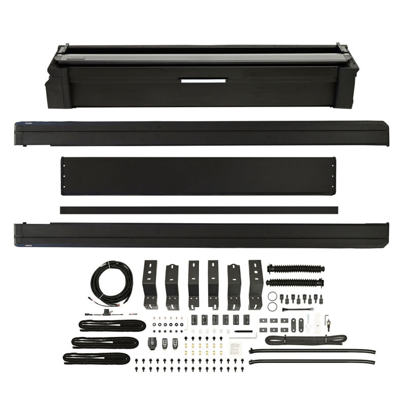 Westin electric retractable tonneau cover on black 6.4ft bed Ram 1500 new body truck, showcasing sleek design and secure fit.
