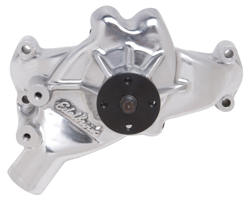 Edelbrock high performance water pump for Chevrolet 454 V8 engine in 1988 and later C/K pickups, shown from a side view.