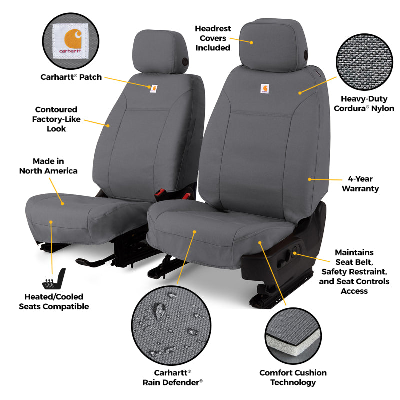 Covercraft Carhartt Super Dux custom second row seat covers for Toyota Corolla, durable fabric with a tailored fit.