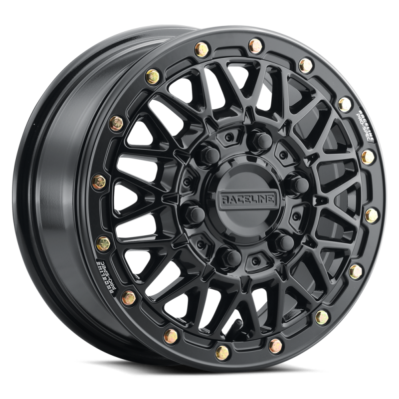 Raceline A15 Omega forged 15x7 inch gloss black wheels with 6x139.7 bolt pattern and 38mm offset, featuring a 78.1mm bore.