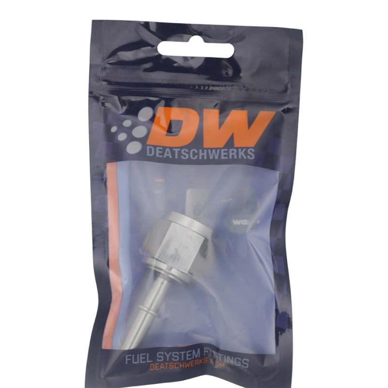 DeatschWerks 10AN female flare swivel to 5/16in male EFI quick disconnect fitting in anodized DW Titanium for fuel system connections.