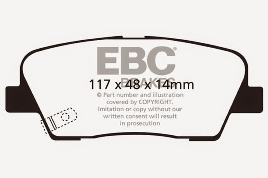 EBC 11+ Hyundai Equus 4.6 Rear Brake Pads, performance Redstuff brake pads with visible red friction surface and metal backing plate.