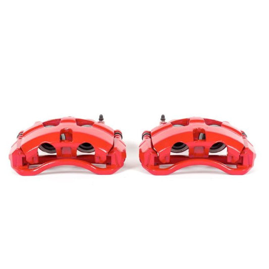 PowerStop front red performance brake calipers with brackets for Ford E-150, pair, showing detailed view of calipers and mounting hardware.