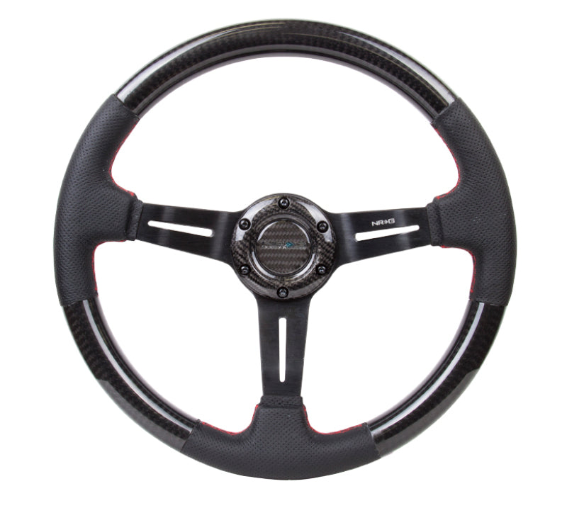 NRG carbon fiber steering wheel with leather trim, red stitching, slit cutout spokes, 350mm diameter, 1.5-inch deep design