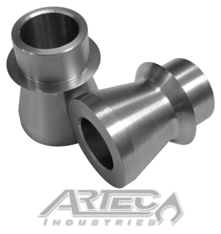 Pair of Artec Industries wide 3/4 inch high misalignment spacers in stainless steel, designed for automotive hardware applications.