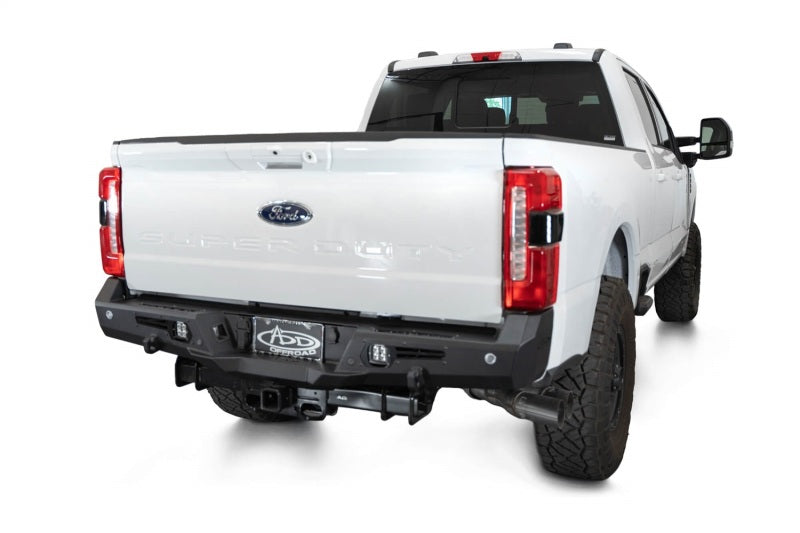 Addictive Desert Designs steel rear bumper for 2023-2024 Ford F-150 Super Duty truck, rugged off-road bumper with durable steel construction.