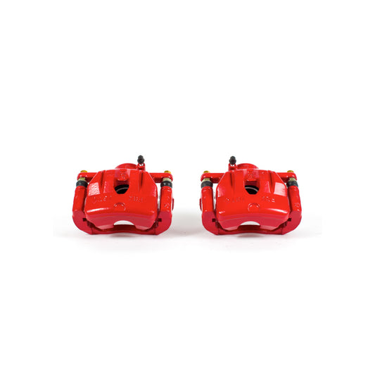 Pair of PowerStop front red brake calipers with brackets for Mazda RX-8, performance brake calipers for enhanced stopping power.