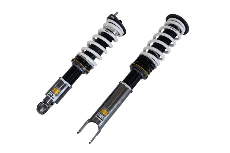 HKS Hipermax S Z32 coilover kit with adjustable shocks and springs for Nissan Z32, installed on a car suspension system.