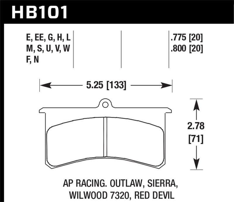 Hawk Performance AP Racing/Outlaw Sierra ER-1 racing brake pads installed on a vehicle, showing the high-performance brake pad design.