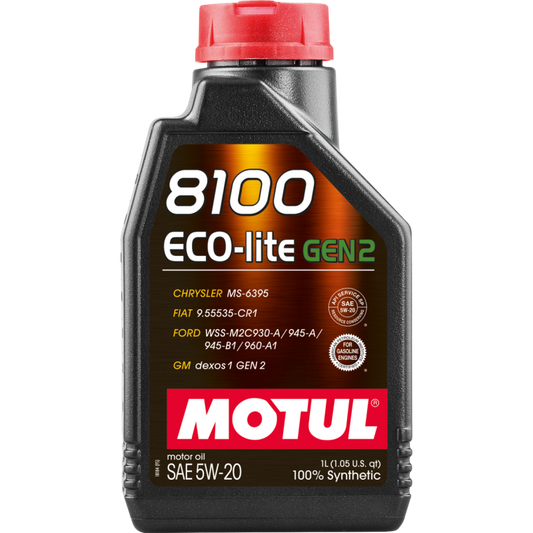 Motul 1L synthetic engine oil 8100 Eco-Lite Gen3 5W20 bottle with label and cap, designed for car engine lubrication.