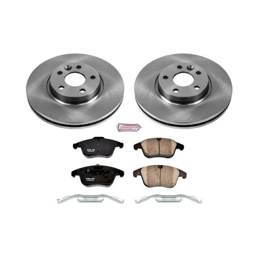PowerStop OE front brake kit for 2015-2018 Volvo S60, includes brake pads and rotors, installed on the vehicle's front axle.
