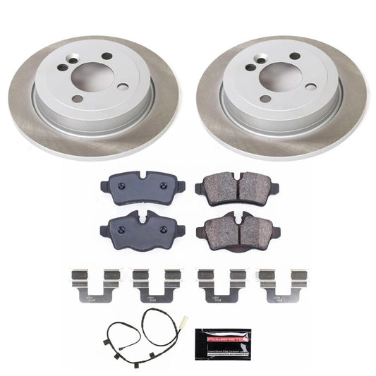 PowerStop rear semi-coated brake rotor kit installed on a 2013 Mini Cooper, showcasing high-performance brake components.