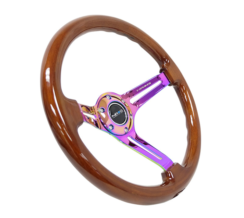 NRG reinforced 350mm brown wood steering wheel with black matte spokes and neochrome center mark for racing or performance cars