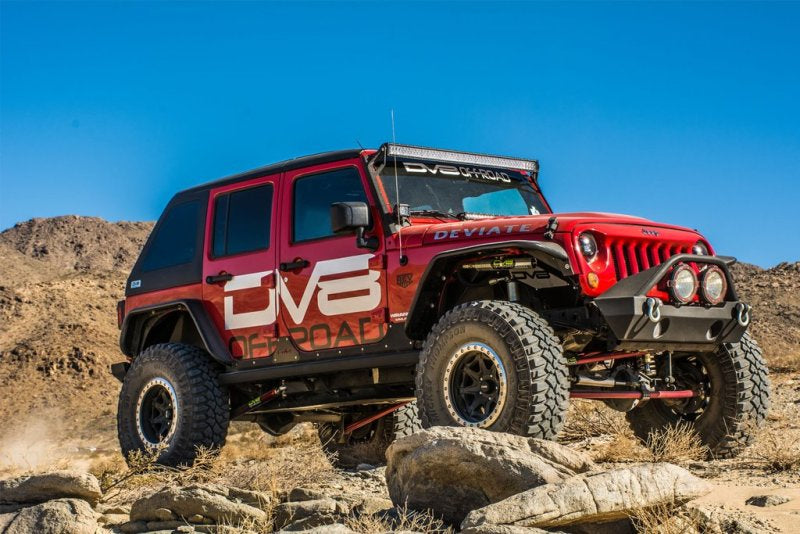 DV8 Offroad Jeep Wrangler JK front and rear flat tube fenders, black metal with rugged off-road design for 2007-2018 Jeep JK.